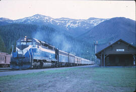 Burlington Northern Diesel Locomotives 9850, 9727, 9743 at Belton, Montana, 1970