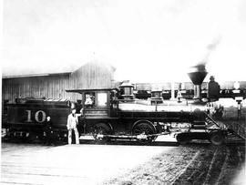 Columbia and Puget Sound Railroad steam locomotive number 10 at Seattle, Washington, circa 1890.