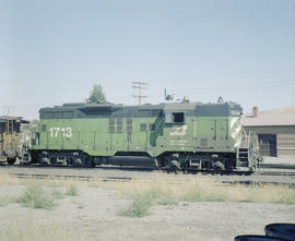 Burlington Northern diesel locomotive 1713 at Prosser, Washington in 1980.