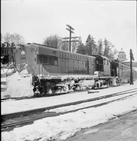 Northern Pacific diesel locomotive number 500 at Olympia, Washington, circa 1952.