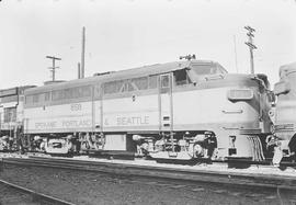 Spokane, Portland & Seattle Railway diesel locomotive number 858 at Tacoma, Washington in 1965.