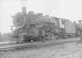 Northern Pacific steam locomotive 1705 at Kanaskat, Washington, in 1944.