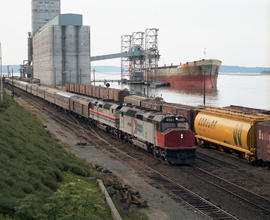 Amtrak diesel locomotive 573 at Tacoma, Washington, circa 1978.