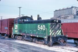 Burlington Northern diesel locomotive Number 540 at Burlington, Iowa in 1982