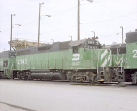 Burlington Northern diesel locomotive 2343 at Tulsa, Oklahoma in 1982.