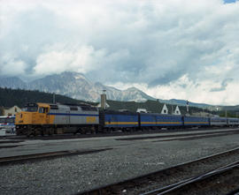 VIA Rail Canada diesel locomotive 6452 at Jasper, Alberta in August 1990.