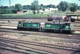 Burlington Northern diesel locomotives Number 307, Number 309 at Minneapolis, Minnesota in 1980