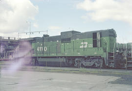 Burlington Northern diesel locomotive 4110 at Portland, Oregon in 1986.