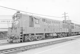 Southern Pacific Railroad diesel locomotive number 3033 at Redwood City, California in 1973.