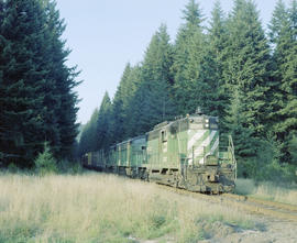 Burlington Northern diesel locomotive 1865 at McCleary, Washington, circa 1978.
